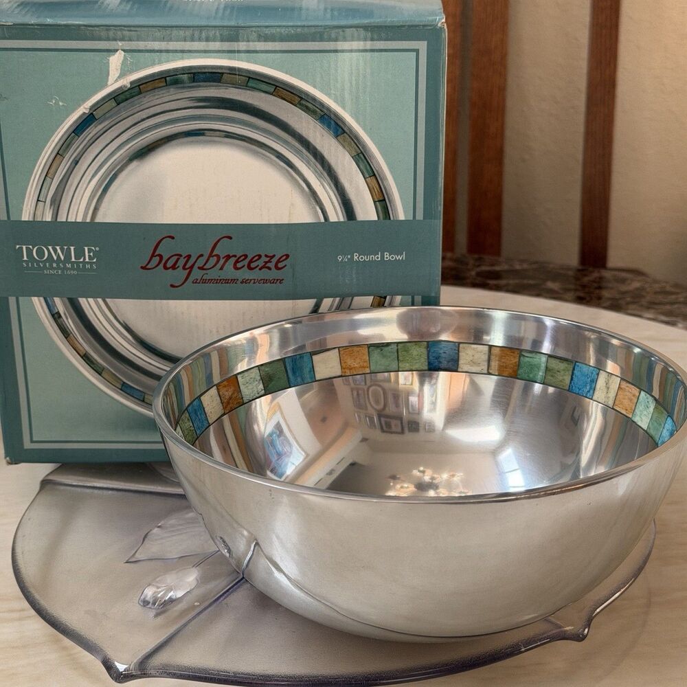 Towle Bay Breeze Aluminum 9.25” Round Serving Bowl Colorful Geometric Inlay NEW